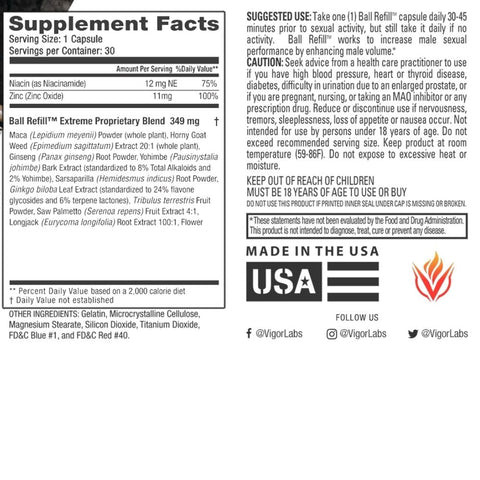 Vigor Labs Ball Refill Supplement Facts & Supplement Label