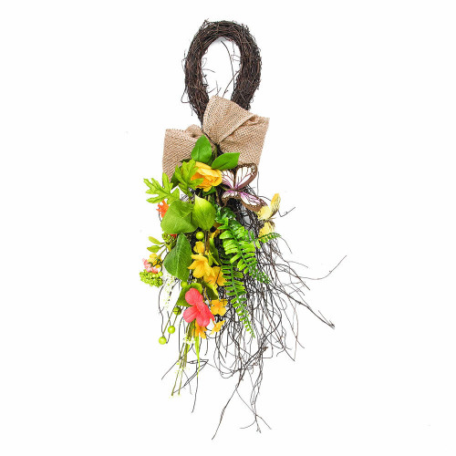 Vickerman Vickerman 28 inch Artificial Mixed Floral Teardrop With Orange And Yellow Flowers And Butterflies The Base Of The Teardrop Is Made Of Thin Spring Twigs