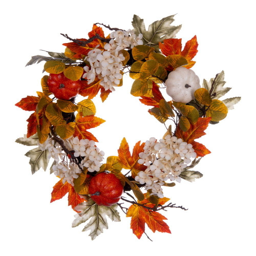Vickerman Artificial 22 inch Orange Fall Pumpkin Hydrangea Wreath Features pumpkins, leaves, and hygrangeas in an orange and white color scheme, on a circular grapevine base