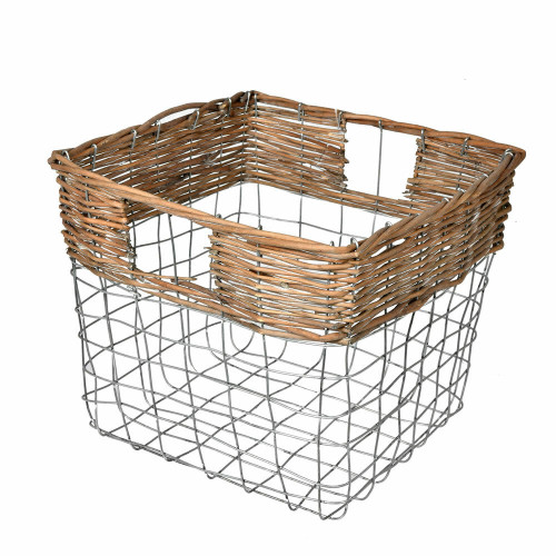 Vickerman 10.5 inch Square Wire Basket with Woven Bamboo This basket features a wire structure with the top section wrapped in bamboo The chunky spacing between wires allows you to see what is inside This basket is perfect for storing items such