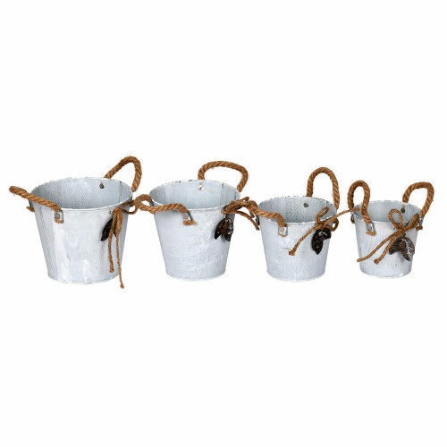 Vickerman 5-8 inch Tin Containers Burlap Handle Set/4 These baskets are made of tin and feature burlap handles with twine bows This set includes 4 baskets which measure S 4.75 inch D x 4.5 inch H, M 5.5 inch D x 4.75 inch H, L 6.25 inch H