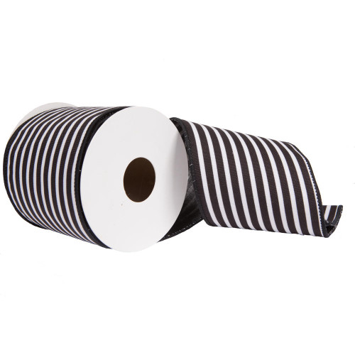  Vickerman 4" x 10yd Sheldon Belver Black and White Stripe Double Ribbon 