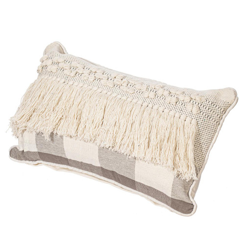  Vickerman Grey Plaid Fringe Cotton Pillow 