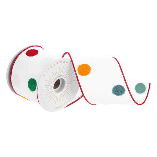  Vickerman 4 inch  x 10 Yards White Fuzzy Dot Wired Edge Christmas Ribbon. 