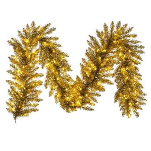  Vickerman 9 foot  x 14 inch  Gold Tinsel Artificial Garland with Warm White LED Lights. 