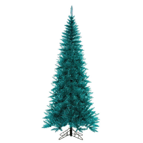  Vickerman 6.5 foot  x 34 inch  Slim Aqua Tinsel Artificial Unlit Christmas Tree with Folding Metal Tree Stand 