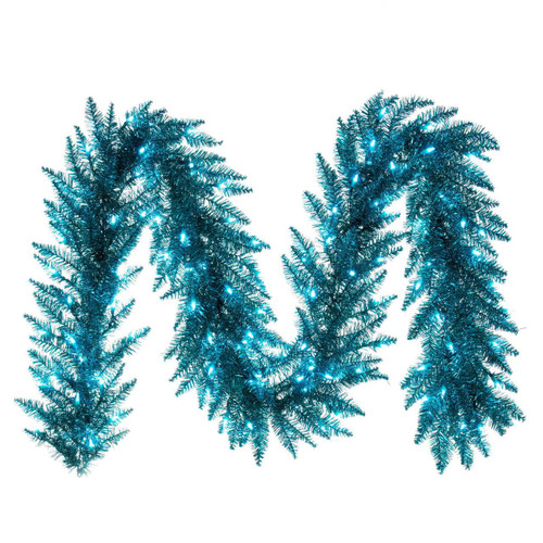  Vickerman 9 foot  x 14 inch  Aqua Tinsel Artificial Pre-Lit Garland with 100 Aqua LED Mini Lights 