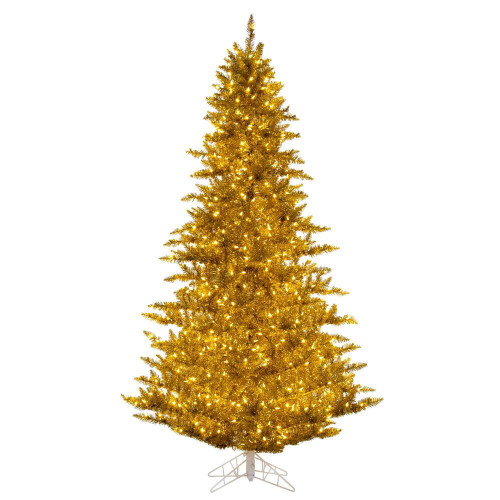  Vickerman 9 foot  x 64 inch  Gold Tinsel Artificial Pre-Lit Christmas Tree with White LED Lights and Tree Stand 