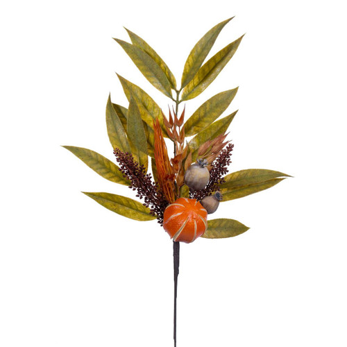  Vickerman 23 inch  Artificial Orange/Gourd/Bay Leaf Spray. It features bay leaf foliage, bellgum pods, and dried orange. It measures 23 inches from top to bottom. A great addition to any everyday arrangement, this spray comes 2 pieces per bag. 