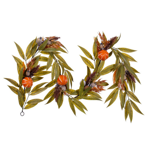  Vickerman 6 foot  Orange/Gourd/Bay Leaf Garland. It measures 72 inches in length from one end to the other. A great addition to any everyday arrangement, this garland features bay leaf foliage, bellgum pods, and dried orange. 