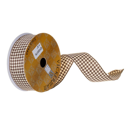  Vickerman 1.5 inch  x 10 Yard Brown and White Houndstooth Wired Ribbon. 