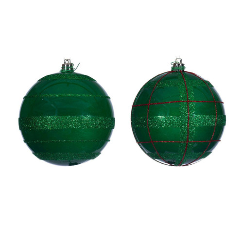  Vickerman 4 inch  Green & Red Glitter Ornament Assortment. 3 plaid and 3 horizontal glitter stripes. 