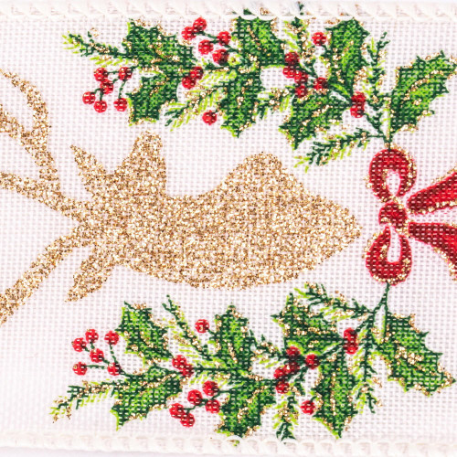  Vickerman Cream and Gold Deer with Red Merry Christmas Text Ribbon 