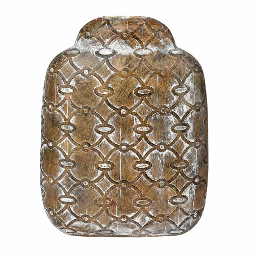 Vickerman 13.8 inch Flat Brown Vase Circular Pattern This vase features a slim profile for added depth It measures about 13 inches tall by 10 inches wide and 3.5 inches deep It is made with polyresin material which makes this vase much more sturd
