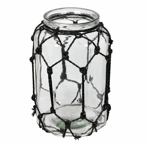 Vickerman 10.3 inch Glass Jar with Black Rope This glass jar measures about 10 inches tall and 6.5 inches wide The jar is accented with black rope tied in a diamond pattern This jar can stand on its own or be paired with your favorite floral to m