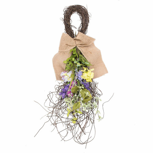 Vickerman Vickerman 28 inch Artificial Mixed Floral Teardrop With Purple And Green Flowers The Base Of This Teardrop Is Made Of Mixed Greenery Leaves And Thin Spring Twigs This Teardrop Features A Tan Burlap Bow