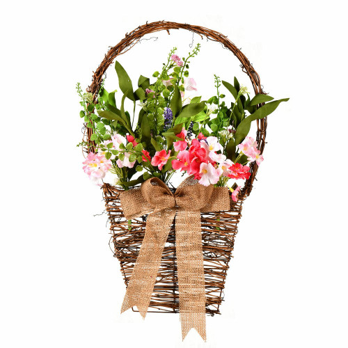 Vickerman Vickerman 20 inch Artificial Mixed Flower Basket That Features Pink And White Flowers The Flower Basket Has A Base Of Mixed Greenery Leaves