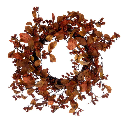 Vickerman Artificial 22 inch Orange Fall Leaves and Berries Wreath Features mini orange berry accents and a circular grapevine base