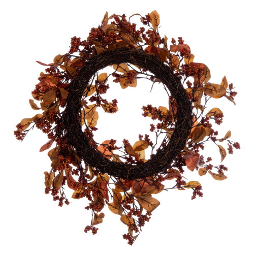 Vickerman Artificial 22 inch Orange Fall Leaves and Berries Wreath Features mini orange berry accents and a circular grapevine base