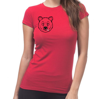 Women's unisex clothing red T-shirt with black screen printed cali bear pocket shot on chest