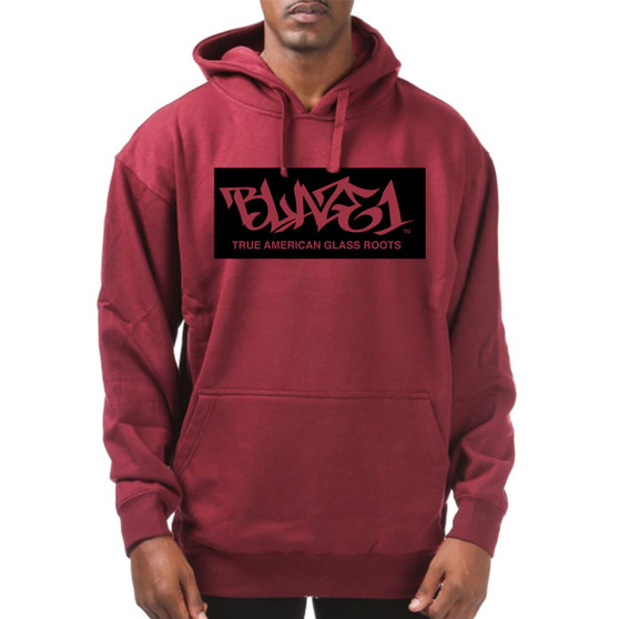 Men’s Clothing or Women’s Clothing unisex maroon sweatshirt pullover hoodie with Black inverted Blaze1 on chest