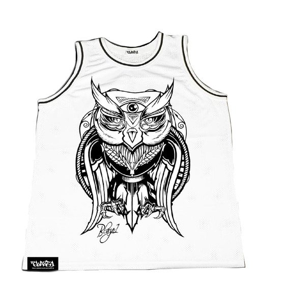 Men’s Clothing or Women’s Clothing unisex white jersey with Black screen printed Owl design