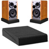 Pair of black studio monitor isolation pads with speakers