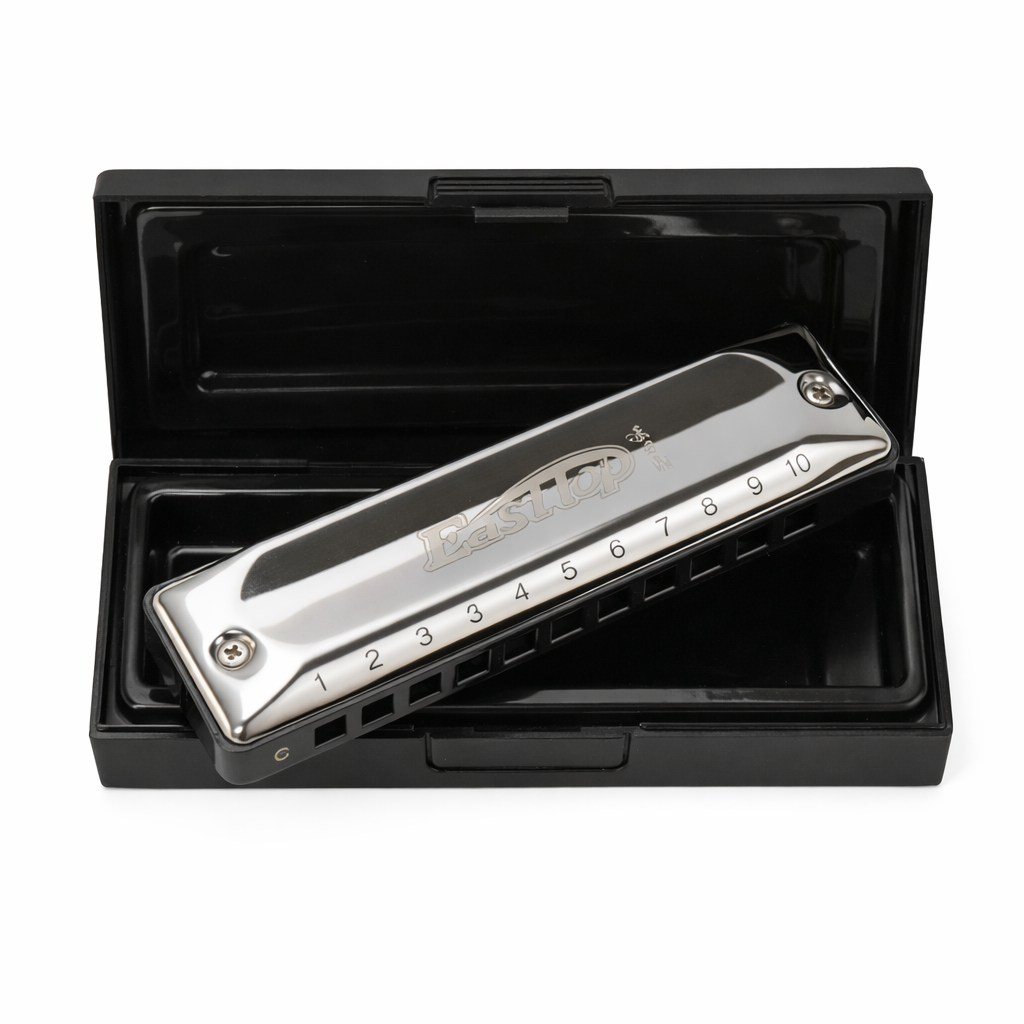 Easttop T002 10 Hole Diatonic Harmonica – Blues Harmonica with Stainless Steel Cover and Case