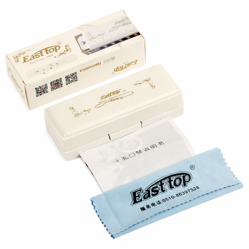 Easttop T008L Diatonic Harmonica – 10 Hole Blues Harmonica with White Cover