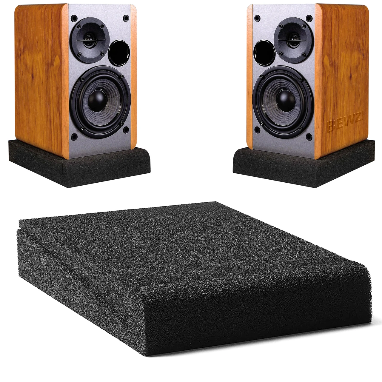 Pair of black studio monitor isolation pads with speakers
