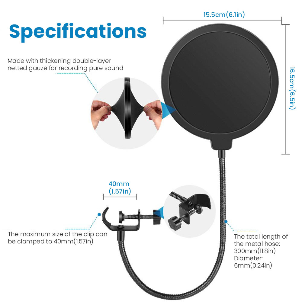 Dual-Layer Microphone Pop Filter – Black, 15.5 cm Screen — detail or usage view