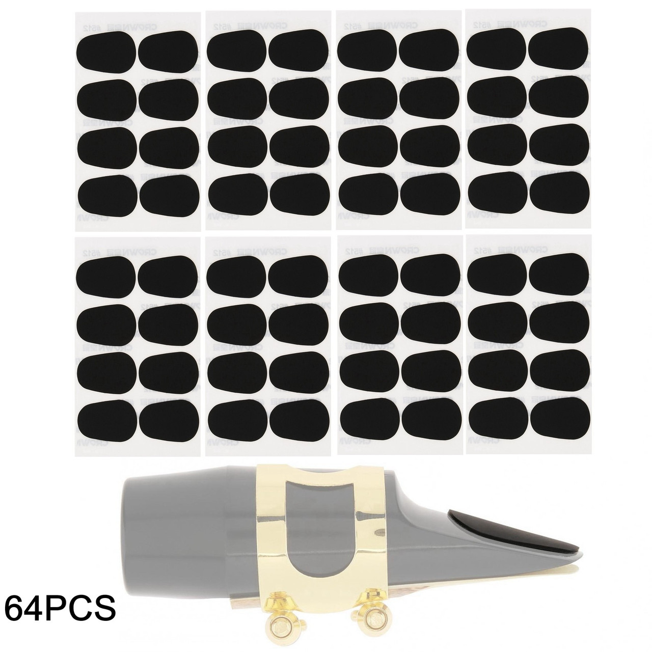 Sixty-four black saxophone and clarinet mouthpiece patches