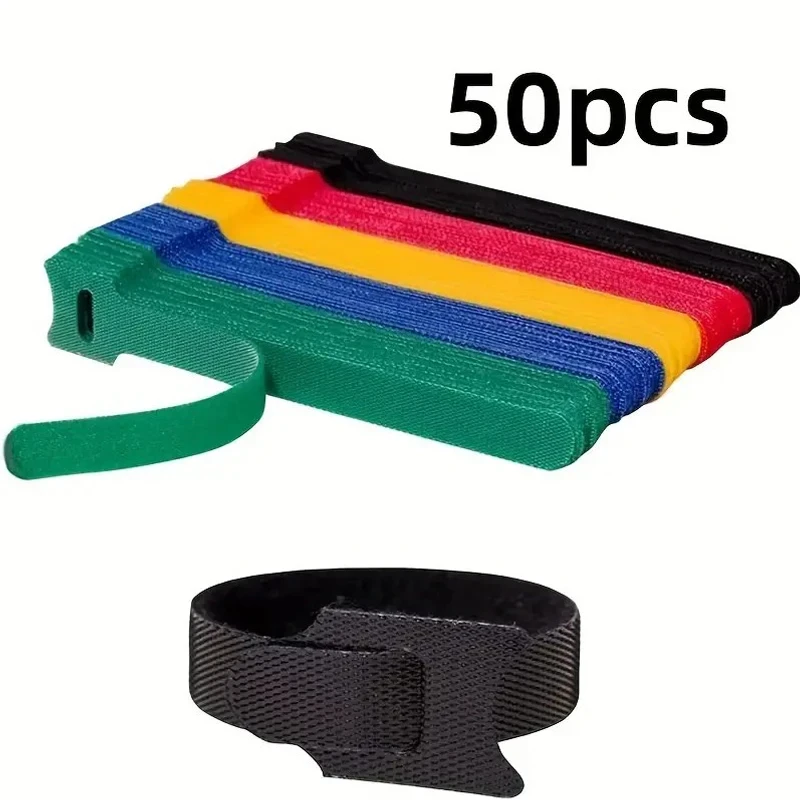 Fifty reusable coloured hook-and-loop cable ties