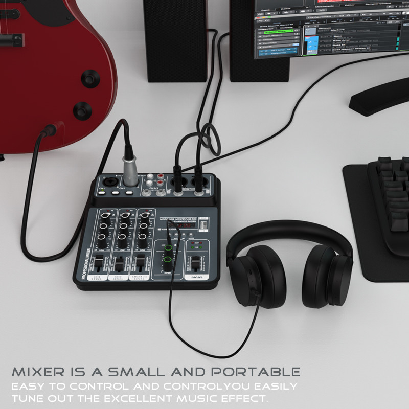4-Channel Bluetooth USB Audio Mixer with 48V Phantom Power – Light Grey