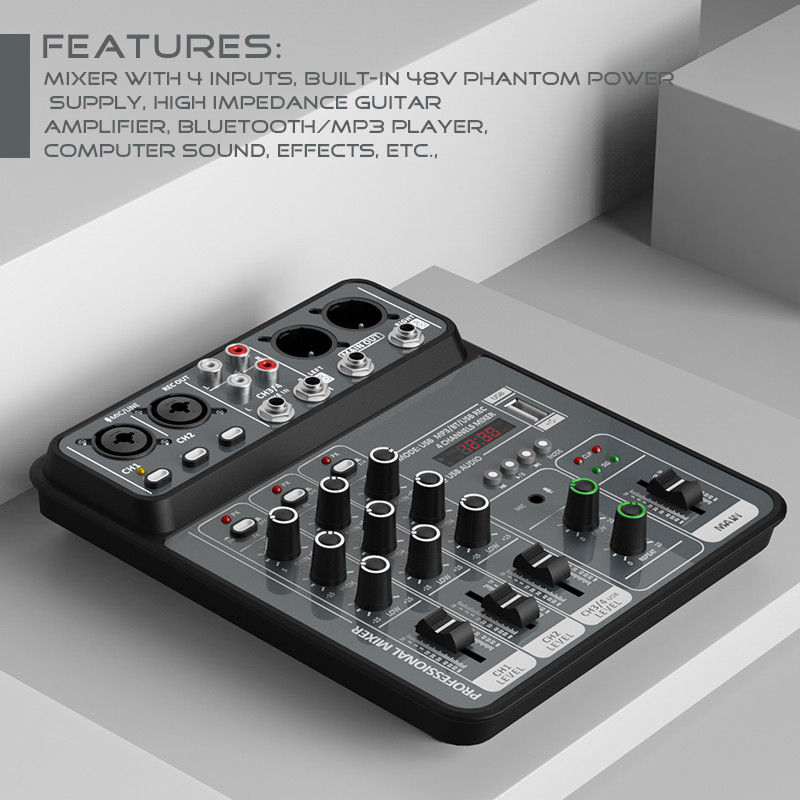 4-Channel Bluetooth USB Audio Mixer with 48V Phantom Power – Light Grey