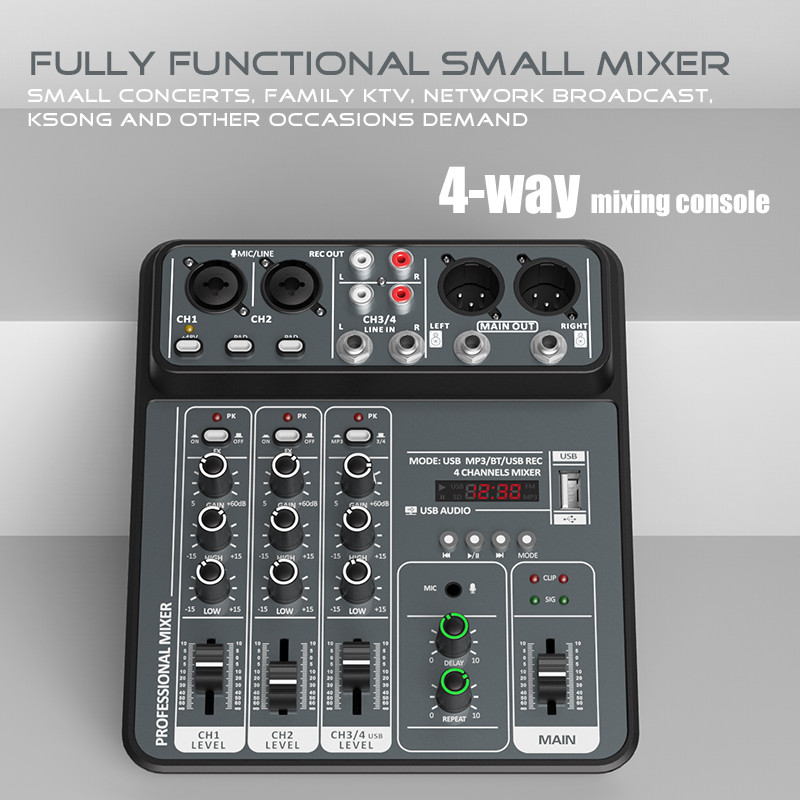 4-Channel Bluetooth USB Audio Mixer with 48V Phantom Power – Light Grey
