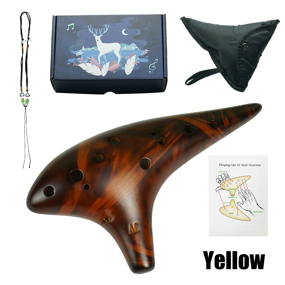 12-Hole Alto C Ceramic Ocarina with Bag & Song Book – Yellow