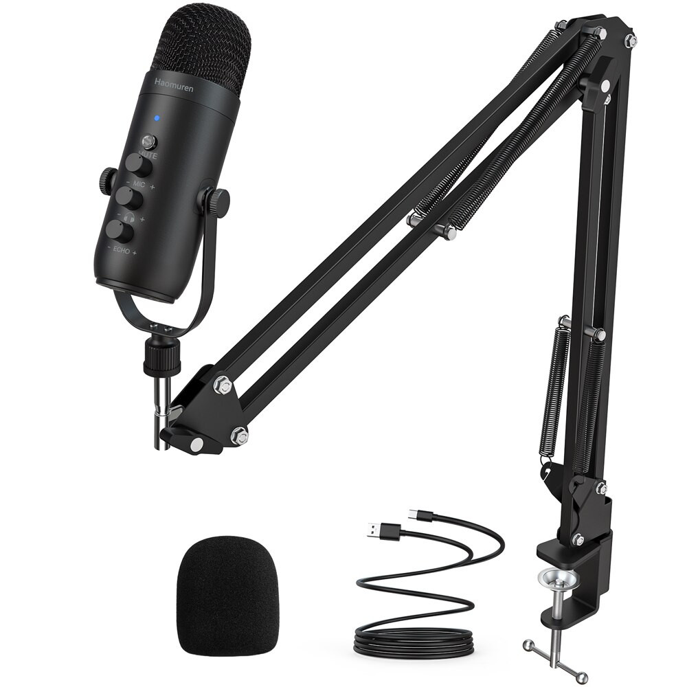 Haomuren USB Cardioid Podcast Microphone Kit with Boom Arm – Black