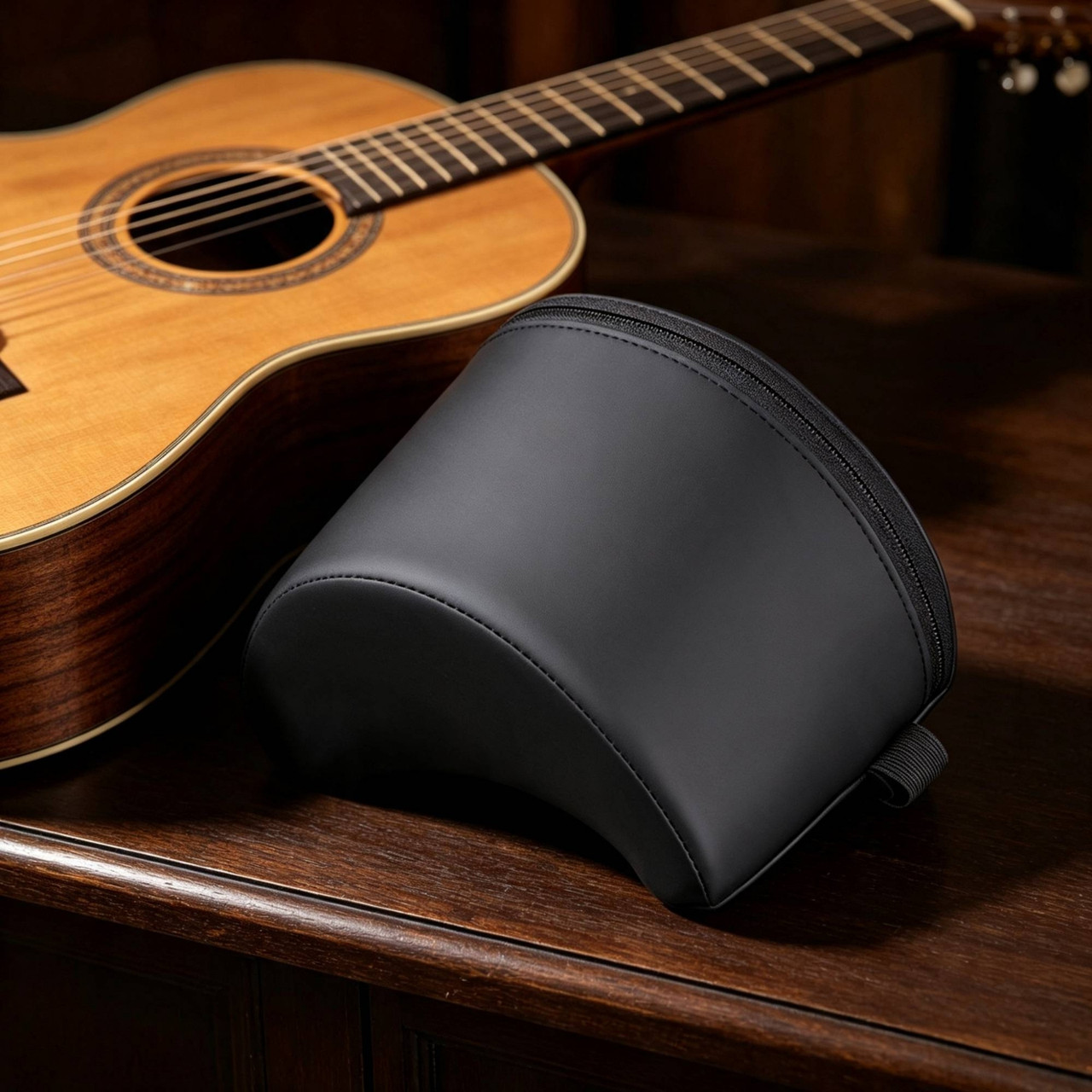 Classical Guitar Support Cushion with Leg Strap – Black – product view