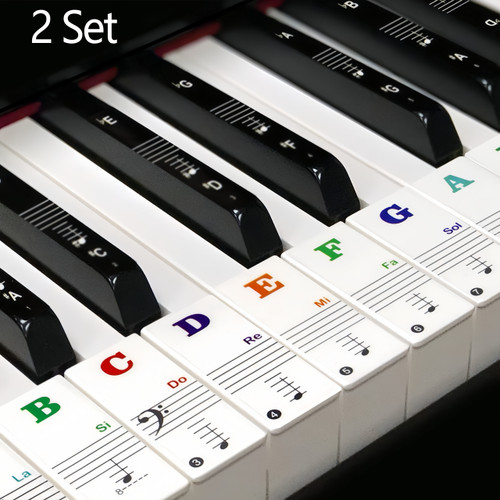 Two sets of removable piano keyboard note stickers