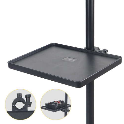 Black clamp-on microphone stand utility tray