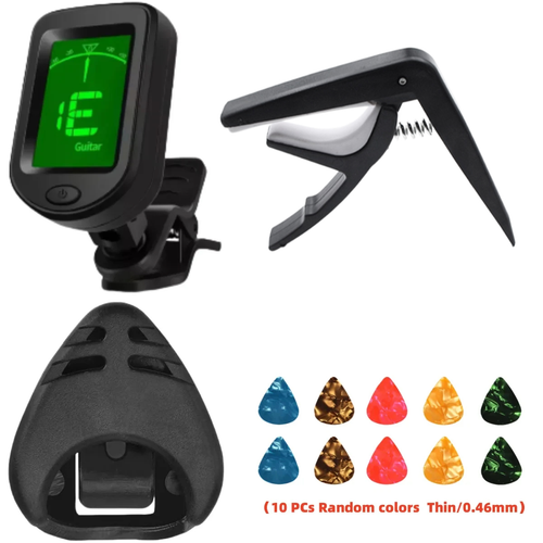 Guitar Capo, Clip-On Tuner & Pick Set – Black