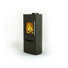 The Schiedel Sargas 1 Stove is a modern, black freestanding wood-burning stove featuring a glass front displaying a small fire inside, set against a plain white background.