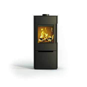 The Schiedel Sargas 1 Stove, a modern black wood-burning stove featuring a glass door that displays the fire inside, is shown against a plain white background.