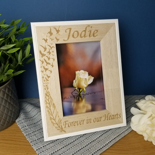 Memorial Photo Frame Personalised with any Text, Feather and Bird Design