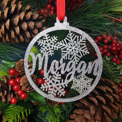 Snowflake Personalised Name Christmas Tree Decoration, Stocking Filler, Xmas Tree Bauble - Silver Glitter