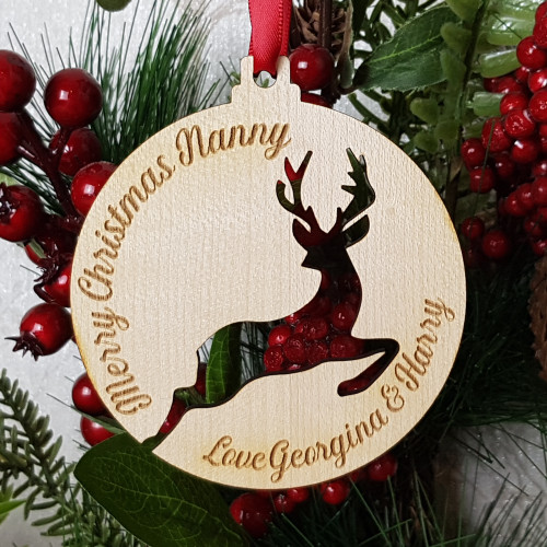 Traditional Reindeer Cutout Christmas Tree Hanger, Personalised with any text