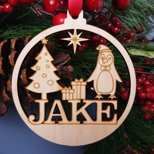 Penguin Personalised Name Xmas Tree Bauble, Xmas Gift for Boys and Girls