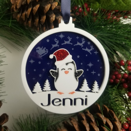 Penguin Name Christmas Tree Decoration, Personalised Name Tree Ornament. Stocking Filler Gift