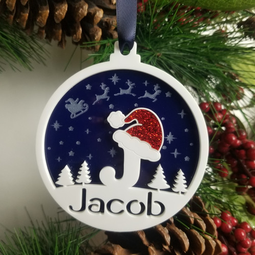Personalised Xmas Gift, Name Christmas Tree Decoration, Personalised Name Tree Ornament. Stocking Filler Gift with initial and Santa Hat design